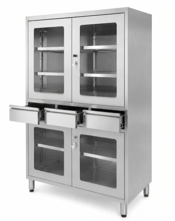 Double Glass Door Medical Storage Cabinet with Drawer